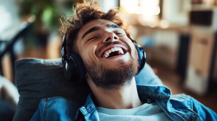 Obraz premium A young man laughing while listening to his favorite song, music therapy, relaxed indoor vibe