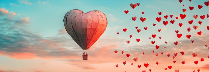Fototapeta premium Heart-shaped hot air balloon drifting among numerous tiny heart-shaped balloons set against a pastel sky. Paper art and origami theme for a romantic Valentine's Day vector design