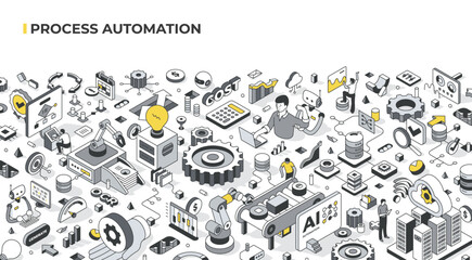 Process automation isometric illustration, showing variety of elements such as gears, AI, robots, data analysis, and cost management. Scene highlights workflow optimization and automation technologies