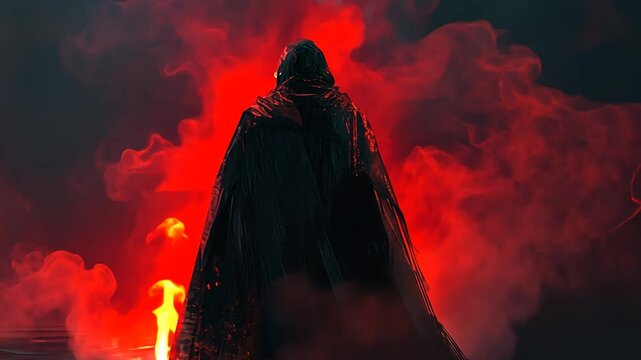 Dark Figure Rising, Enigmatic Cloaked Figure in a Fiery, Mystical Landscape