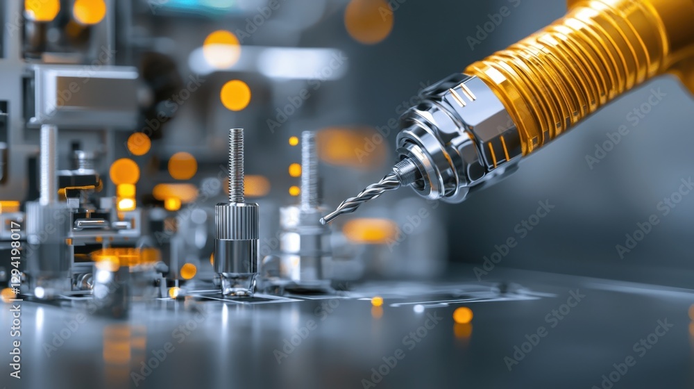 Aufkleber close-up view of precision engineering with a metal drill bit and industrial machine components for 