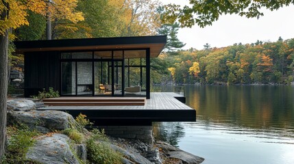 A minimalist modern house with glass walls overlooking a serene lake digital
