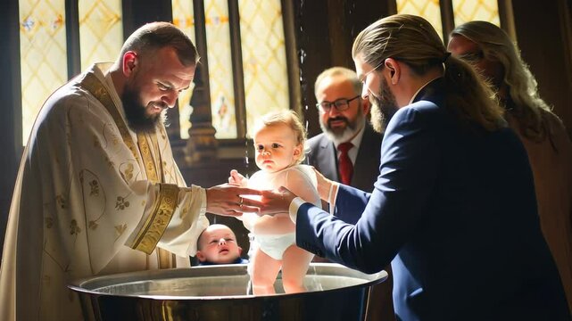 a child is baptized in water in a Christian church, a religious rite, a sacrament, Orthodoxy, Catholicism, a temple, a priest, baptism, christening, immersion, Epiphany