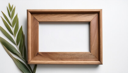 Empty rustic wooden picture frame with blank canvas. Home decor. Flat lay.