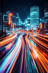 Fototapeta premium Vibrant city lights blur into streaks.