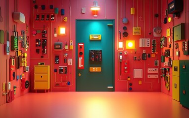 A vibrant room filled with colorful switches, buttons, and indicators, creating a playful yet industrial atmosphere.