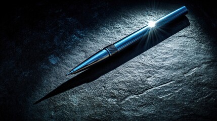 Single Chrome Ballpoint Pen Resting on Matte Black Surface with Shadow