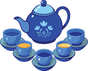  Chinese Tea set with small tea cup isolated on white background vector art illustration