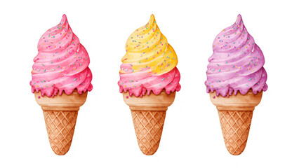 Whimsical hand-drawn ice cream cones and popsicles in pastel colors with playful sprinkles