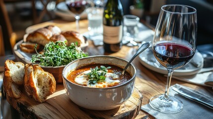Rustic Wooden Table Setup with Hearty Soups and Bread