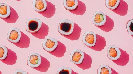 Flat lay of fresh sushi rolls with soy sauce and pickled ginger