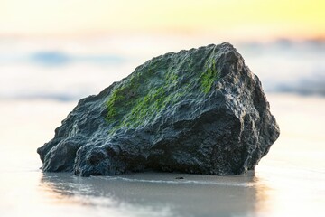 A dark, moss-covered rock rests on a sandy beach at sunrise, waves gently lapping.