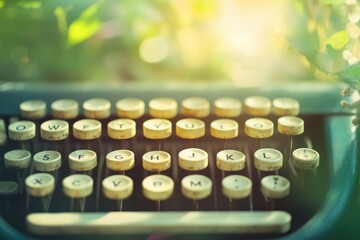 Vintage typewriter keys close-up, bathed in sunlight, with blurred green nature background.
