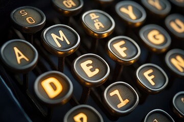 Close-up of a vintage typewriter's keys, illuminated letters showcasing the machine's retro charm.