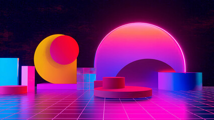 Retro 90s Memphis-style geometric shapes in vibrant neon colors