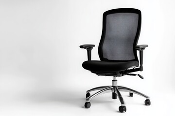 Fototapeta premium A modern ergonomic office chair with adjustable features, black mesh back, isolated on a pure white background