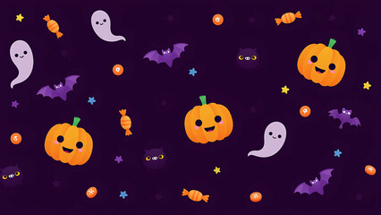 Cute Halloween pattern featuring pumpkins, bats, ghosts, and candy on a deep purple background