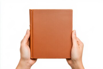 Obraz premium Hands Holding A Tan Leather Book Against White Background
