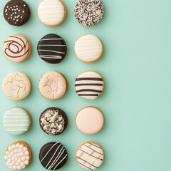 Assorted Pastel and Chocolate Icing Cookies on Teal Background