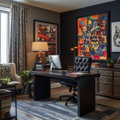 Stylish home office with bold artwork, black furniture, layered textiles, and moody lighting, creating a dynamic artistic ambiance