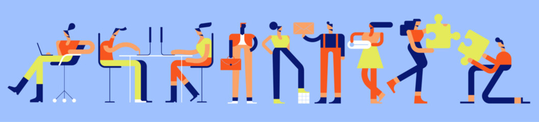 Flat vector illustration of people working together. Business men and women in collaboration. Group of colleagues for teamwork.