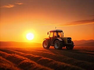 Fototapeta premium Minimalist Sunset Tractor Field: Golden Hour Farm Landscape Photography