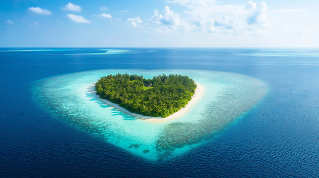 An aerial view of heart shaped tropical island in the middle of the ocean.Top view of heart shape love island with the blue ocean and white sand beach.