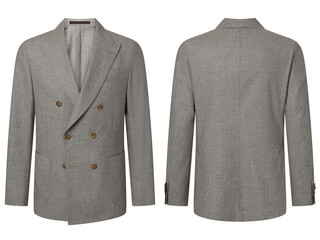 Portrait of men's suit jacket ( blazer ) isolated in white background, invisible ghost mannequin. Fashion industry high-quality studio shot photography. Front and back view.