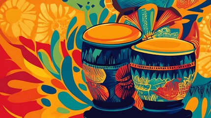 Vibrant decorative drums on colorful floral background. Possible use stock photo for design inspiration, posters, or website backgrounds