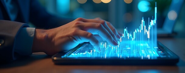 A futuristic hand working on a digital pad with luminous stock market graphs neon blue glow cyberpunk style modern office setting.