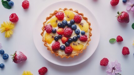 Flat lay of fresh fruit tart with colorful berries.