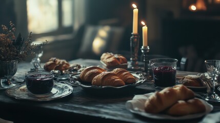 Obraz premium Rustic table setup with fresh baked croissants
