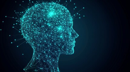 Abstract Human Head, Motherboard Pattern, Binary Code, Turquoise and Cyan on Navy Blue, Vector Art