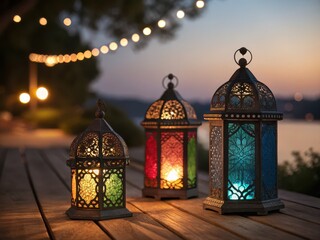 Three colorful lanterns on wooden table at dusk