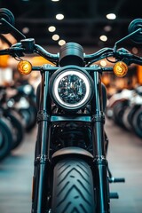 Fototapeta premium Sleek black motorcycle headlamp shining bright light.