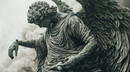 Majestic Angel Statue Surrounded by Dramatic Smoke and Ethereal Clouds in a Mystical Landscape Setting