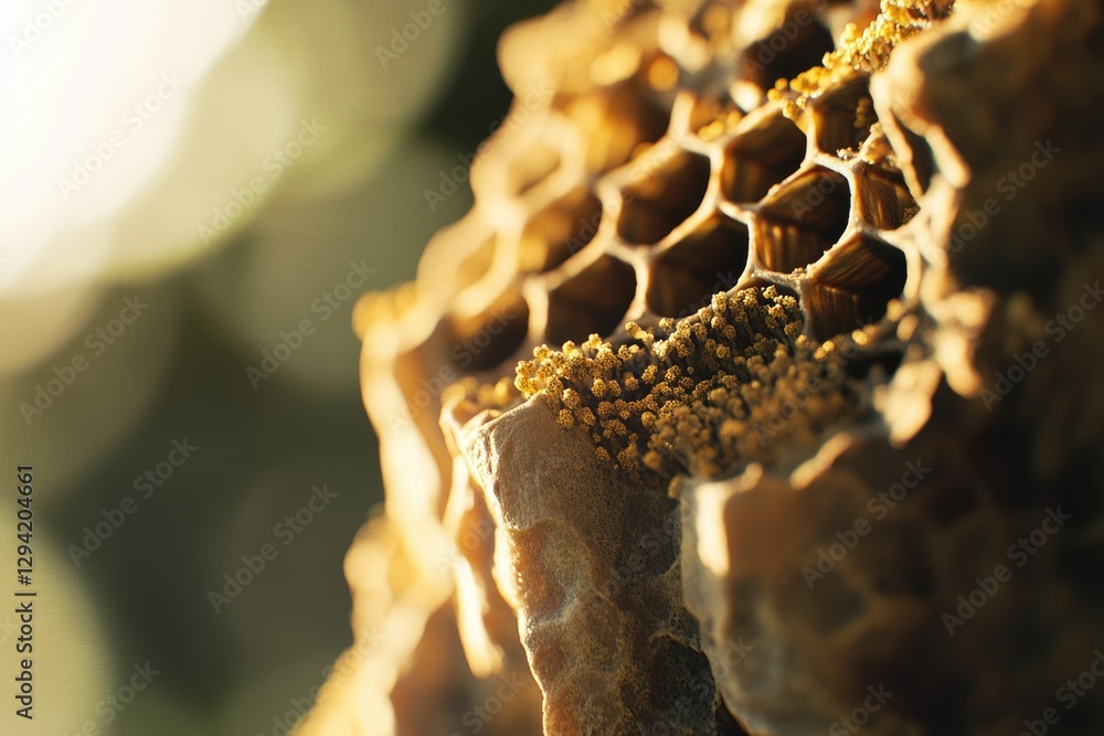 Aufkleber close-up of a honeycomb structure, illuminated by sunlight, showcasing intricate hexagonal cells and