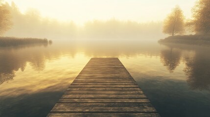 Obraz premium A lone wooden dock stretching into a calm lake, mist rising from the water at sunrise. digital