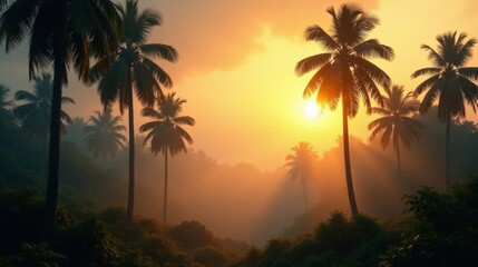 Golden Sunrise Illuminates Lush Tropical Landscape with Silhouetted Palm Trees and Misty Valley