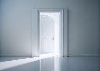 Minimalist White Door Opening to White Room - Clean Interior Design Stock Photo