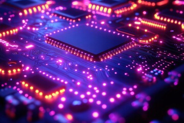 Close Up Of Illuminated Circuit Board With Processor