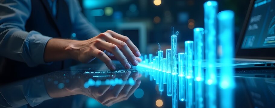 A hand analyzing glowing 3D bar charts on a reflective digital surface futuristic office neon blue and white colors high tech setting.