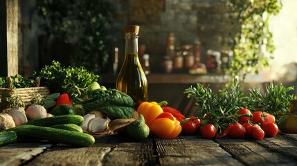 Rustic Scene with Fresh Vegetables and Olive Oil