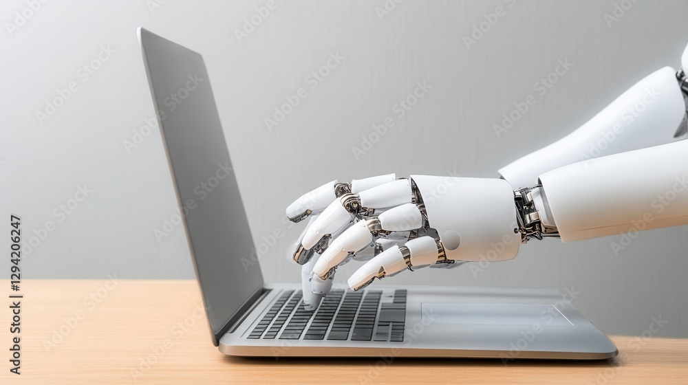 Aufkleber robotic hand typing on laptop computer in modern workspace with neutral background