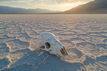 A bleached animal skull rests on a cracked salt flat under a setting sun in a vast, mountainous desert landscape.