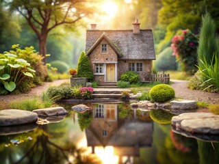 Obraz premium Double Exposure: Miniature House, Pond, Stepping Stones - Idyllic Scene