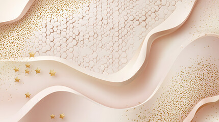 Background vector with hexagon shapes in a light peach color and golden lines
