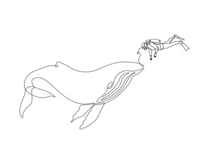 Continuous one line drawing of scuba diver diving with whale. One line drawing illustration of scuba diver swim with whale. Diving with marine animal concept single line. Editable outline
