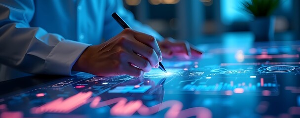 A hand in a futuristic lab sketching on a glowing digital surface with 3D graphs glowing lines modern design blue and purple visuals.