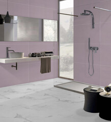 3D Render of Modern Bathroom Interior Design with Soft Purple Tiles and Elegant Fixtures